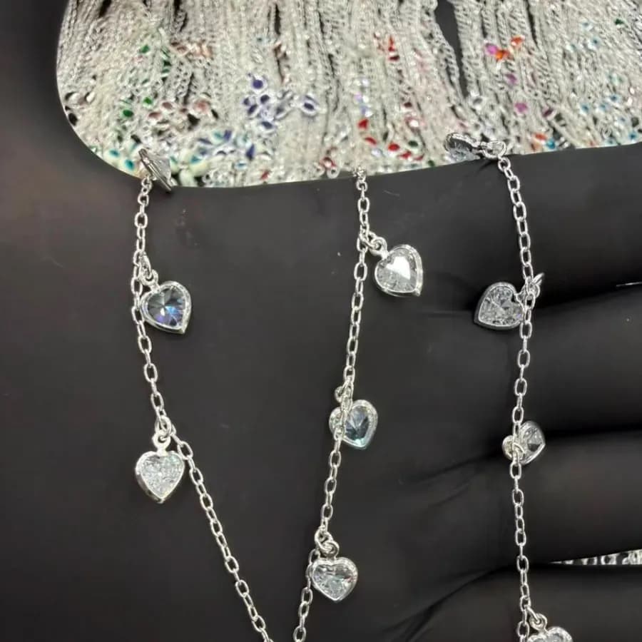 Conjunto Coração Pedrinha (pulseira e Choker) - Prata 925